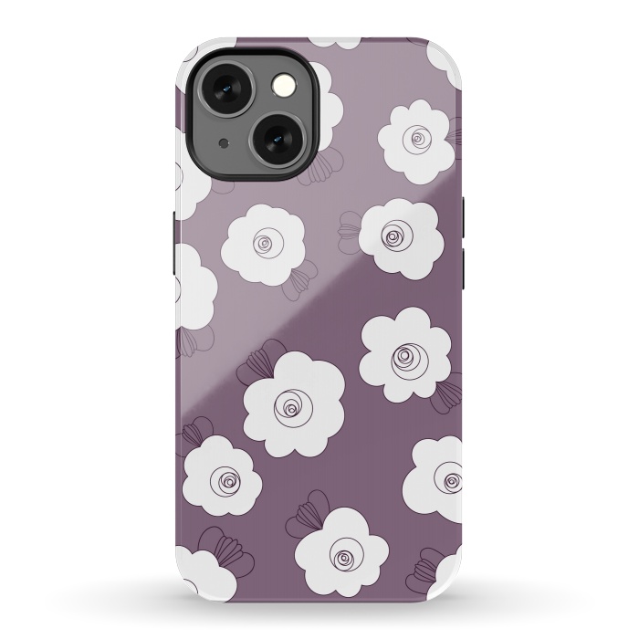 iPhone 13 StrongFit Fluffy Flowers - White on Grape Purple by Paula Ohreen