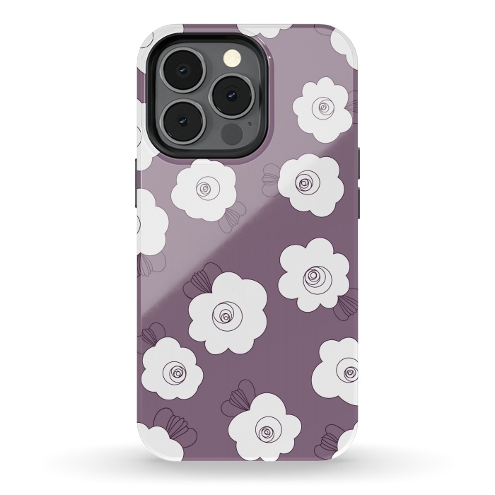 iPhone 13 pro StrongFit Fluffy Flowers - White on Grape Purple by Paula Ohreen