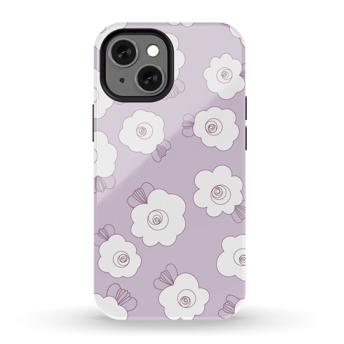 iPhone 13 mini StrongFit Fluffy Flowers - White on Lilac by Paula Ohreen