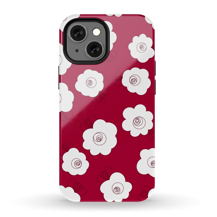 iPhone 13 mini StrongFit Fluffy Flowers - White on Red by Paula Ohreen