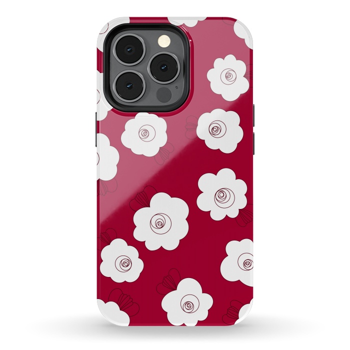 iPhone 13 pro StrongFit Fluffy Flowers - White on Red by Paula Ohreen