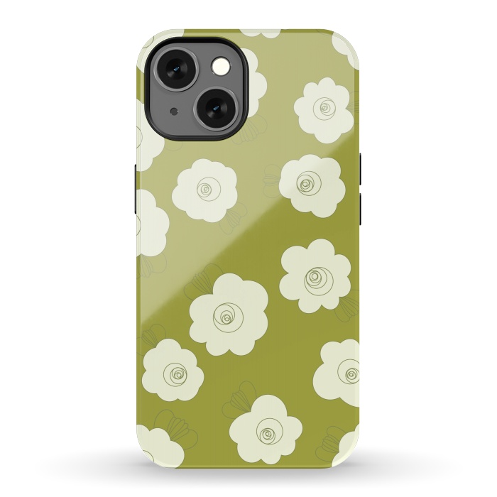 iPhone 13 StrongFit Fluffy Flowers - White on Grass Green by Paula Ohreen