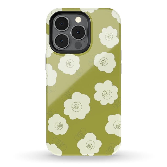 iPhone 13 pro StrongFit Fluffy Flowers - White on Grass Green by Paula Ohreen