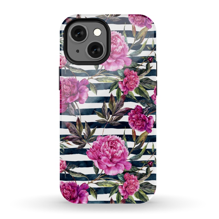 iPhone 13 mini StrongFit Pink peonies and black stripes by  Utart