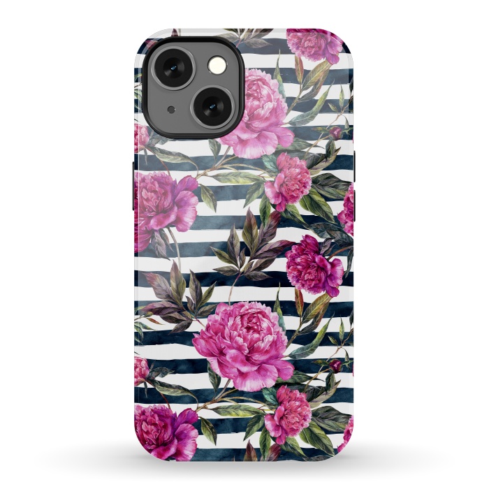 iPhone 13 StrongFit Pink peonies and black stripes by  Utart