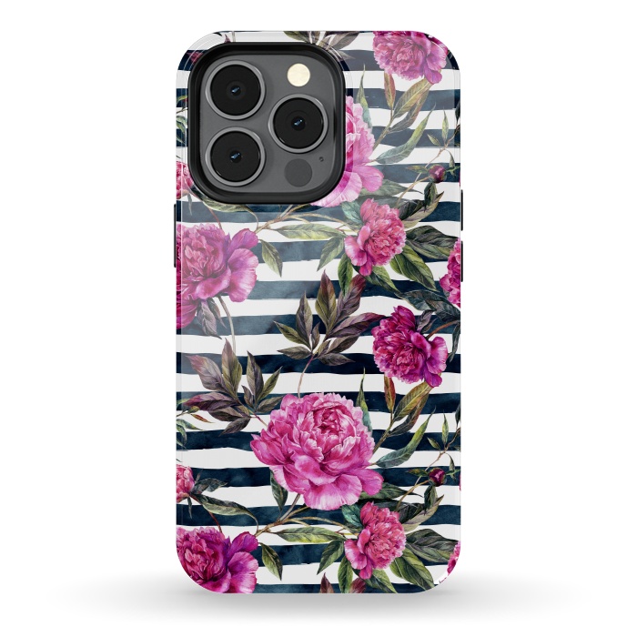 iPhone 13 pro StrongFit Pink peonies and black stripes by  Utart