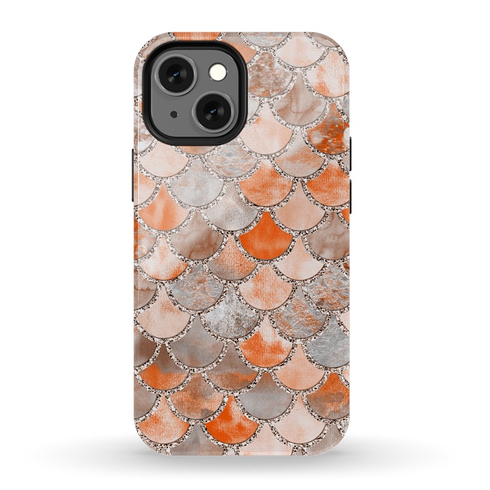 iPhone 13 mini StrongFit Salmon Peach and Silver Glitter WAtercolor Mermaid Scales by  Utart