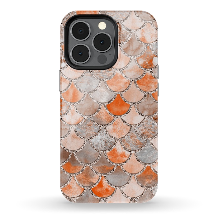 iPhone 13 pro StrongFit Salmon Peach and Silver Glitter WAtercolor Mermaid Scales by  Utart