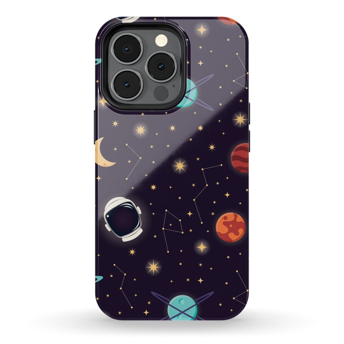 iPhone 13 pro StrongFit Universe with planets, stars and astronaut helmet seamless pattern, cosmos starry night sky, vector illustration by Jelena Obradovic