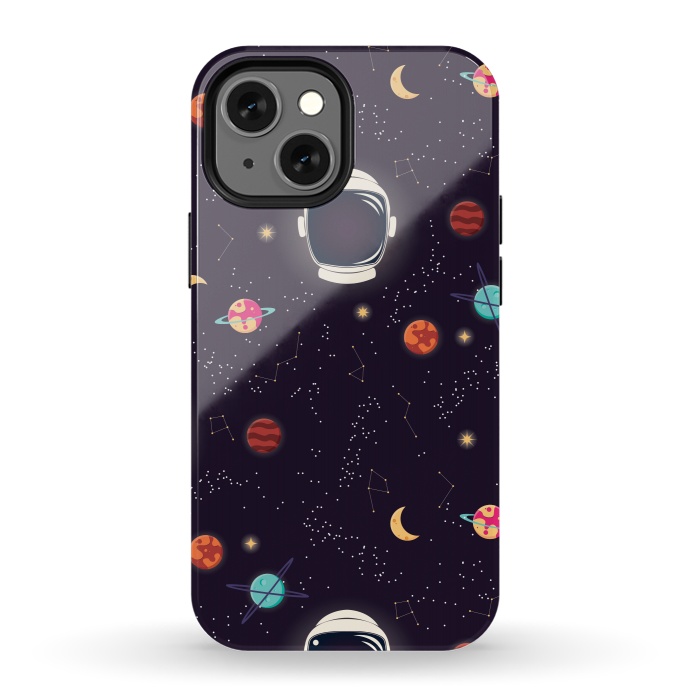 iPhone 13 mini StrongFit Universe with planets, stars and astronaut helmet seamless pattern, cosmos starry night sky by Jelena Obradovic