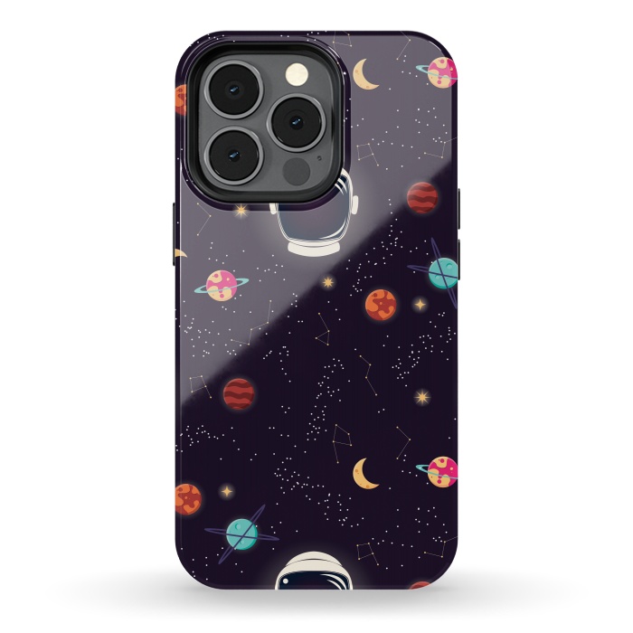 iPhone 13 pro StrongFit Universe with planets, stars and astronaut helmet seamless pattern, cosmos starry night sky by Jelena Obradovic