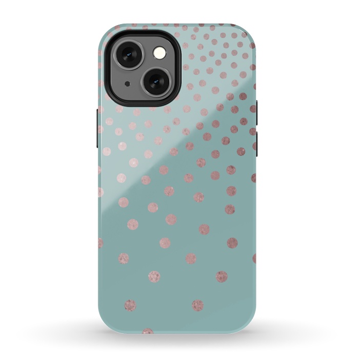 iPhone 13 mini StrongFit Shiny Rosegold Polka Dots On Teal by Andrea Haase