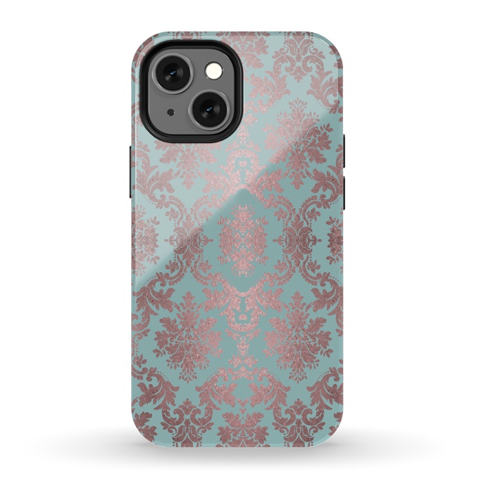 iPhone 13 mini StrongFit Rose Gold Teal Damask Pattern 2 by Andrea Haase