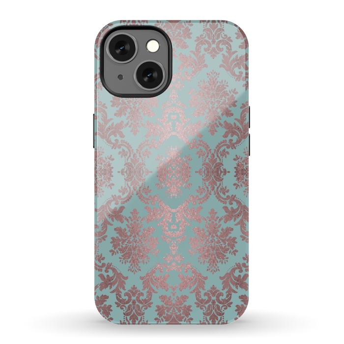 iPhone 13 StrongFit Rose Gold Teal Damask Pattern 2 by Andrea Haase