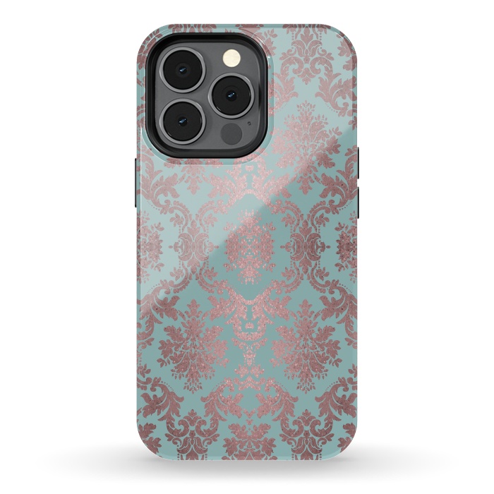 iPhone 13 pro StrongFit Rose Gold Teal Damask Pattern 2 by Andrea Haase