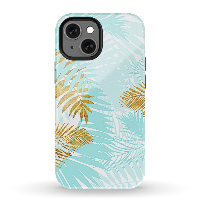 iPhone 13 mini StrongFit Teal and Gold Palm Leaves by  Utart