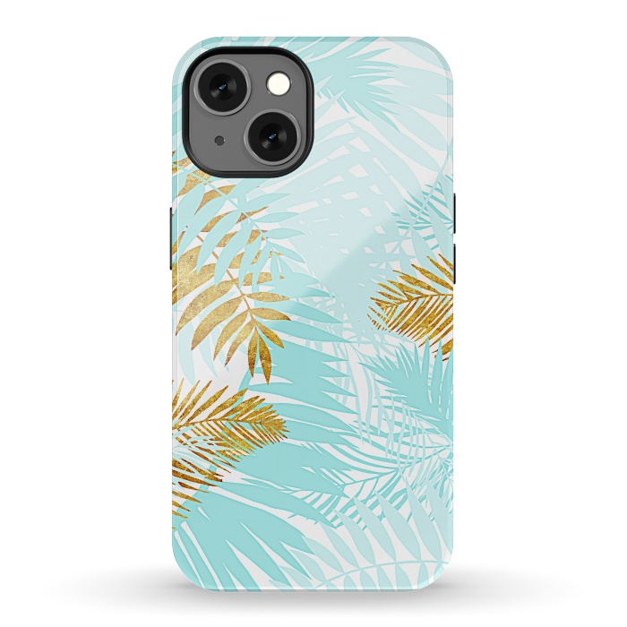 iPhone 13 StrongFit Teal and Gold Palm Leaves by  Utart