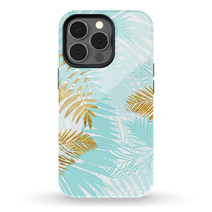 iPhone 13 pro StrongFit Teal and Gold Palm Leaves by  Utart