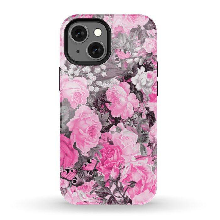iPhone 13 mini StrongFit Nostalgic Pink Rose And Butterfly Pattern by Andrea Haase