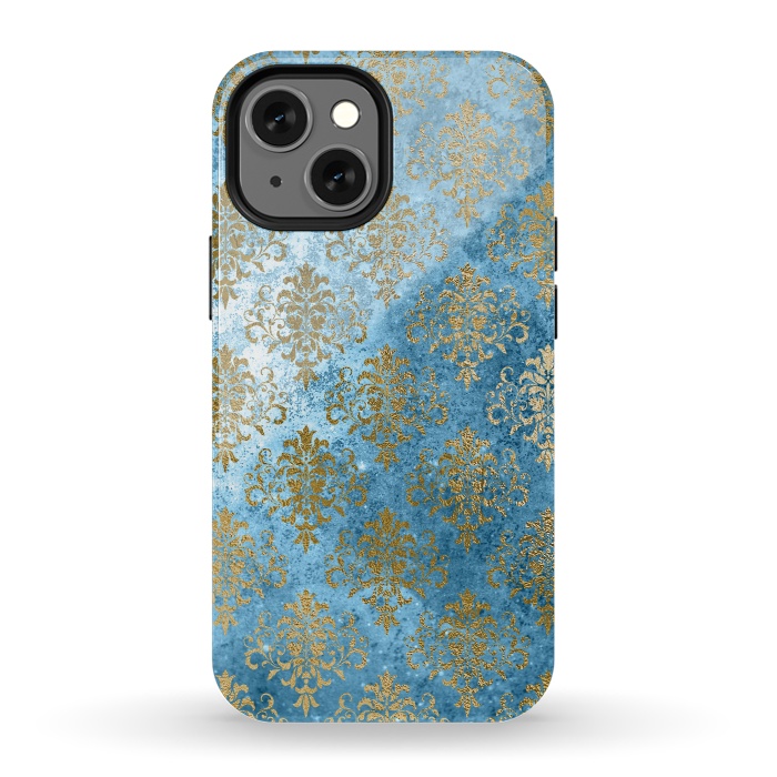 iPhone 13 mini StrongFit Blue and Gold Trendy Vintage Damask Pattern by  Utart