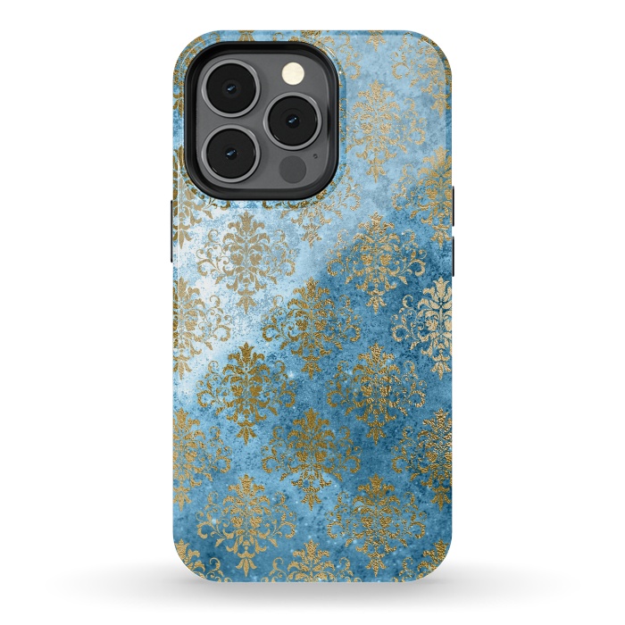 iPhone 13 pro StrongFit Blue and Gold Trendy Vintage Damask Pattern by  Utart