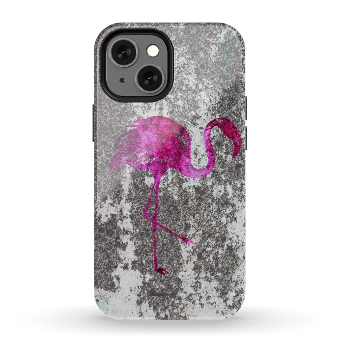 iPhone 13 mini StrongFit Pink Flamingo Bird On Grunge Wall by Andrea Haase