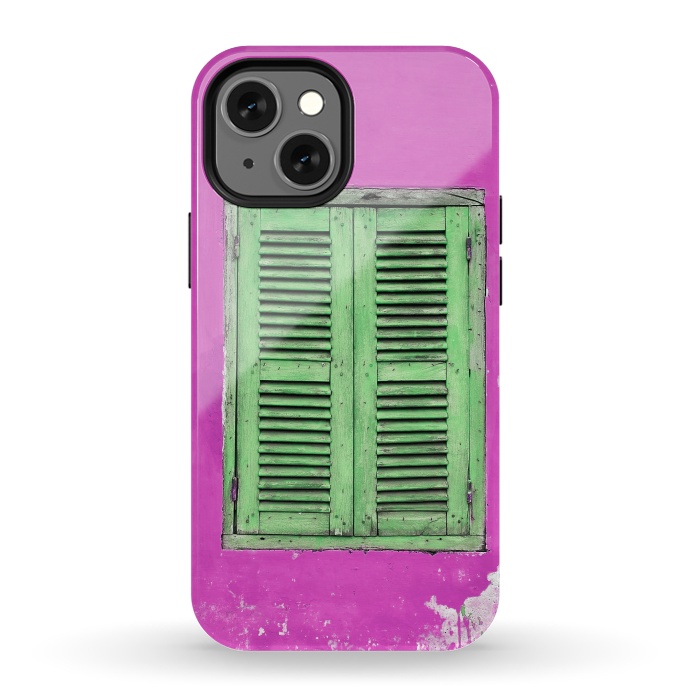 iPhone 13 mini StrongFit Turquoise Green Shutters In Pink Wall by Andrea Haase