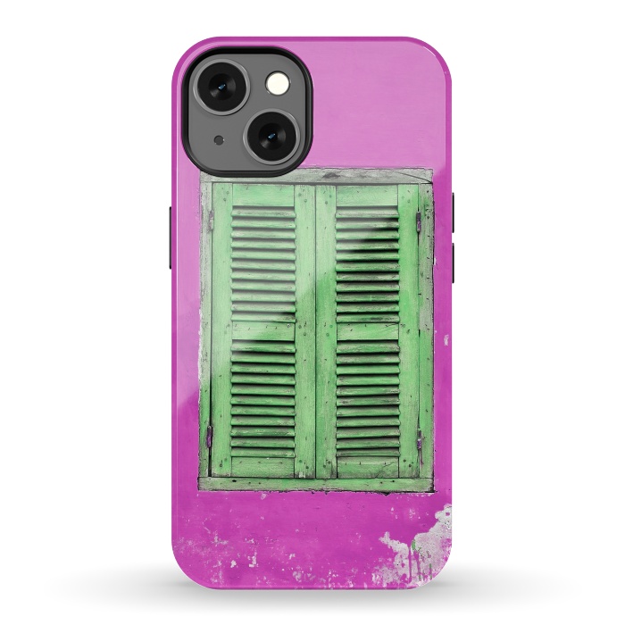 iPhone 13 StrongFit Turquoise Green Shutters In Pink Wall by Andrea Haase