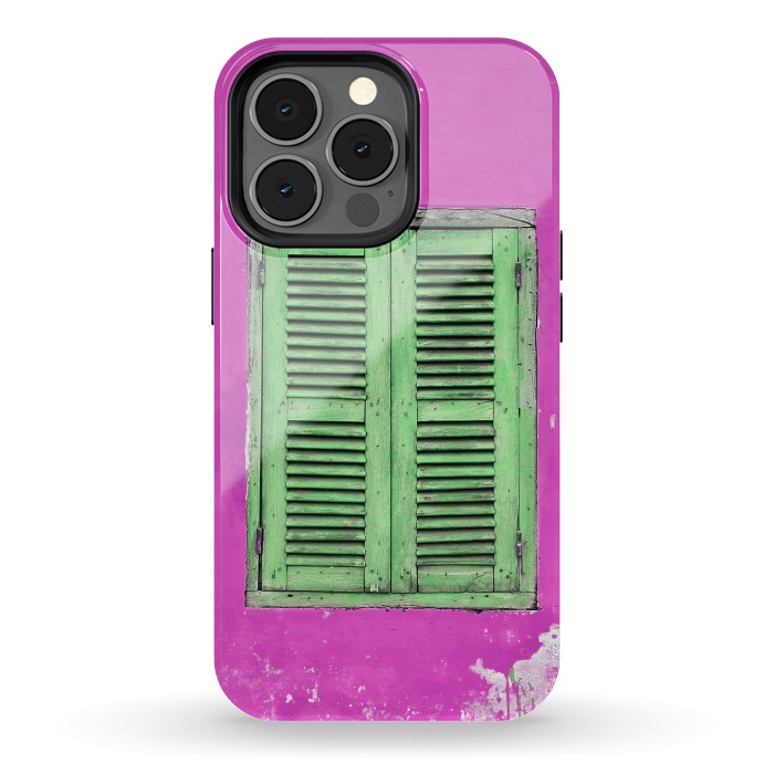 iPhone 13 pro StrongFit Turquoise Green Shutters In Pink Wall by Andrea Haase