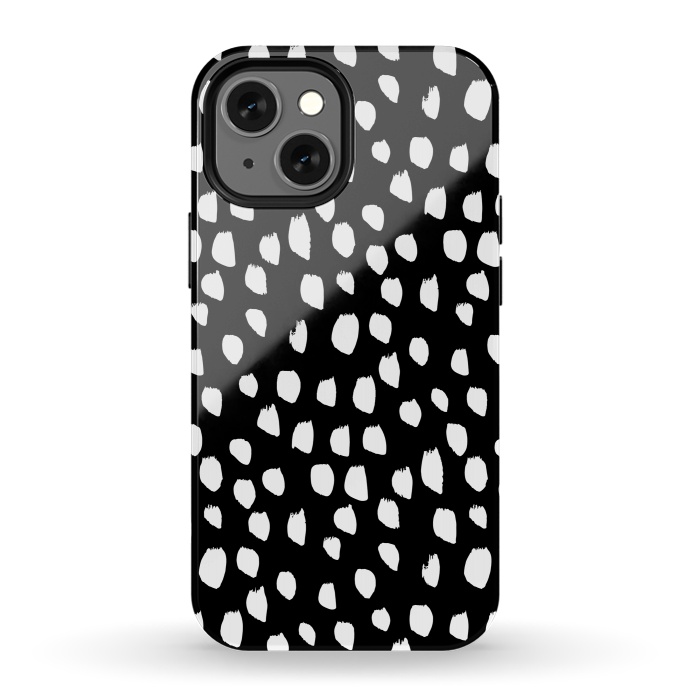 iPhone 13 mini StrongFit Hand drawn crazy white polka dots on black by DaDo ART