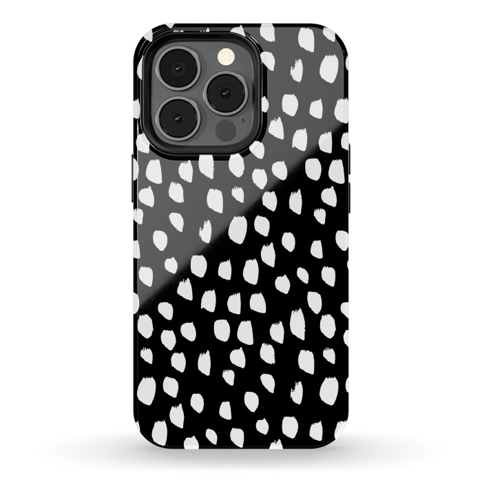 iPhone 13 pro StrongFit Hand drawn crazy white polka dots on black by DaDo ART
