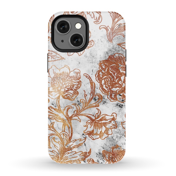 iPhone 13 mini StrongFit Golden flowers line art on white marble by Oana 