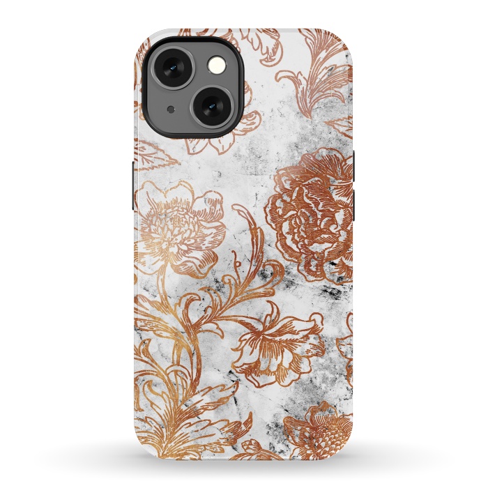 iPhone 13 StrongFit Golden flowers line art on white marble by Oana 