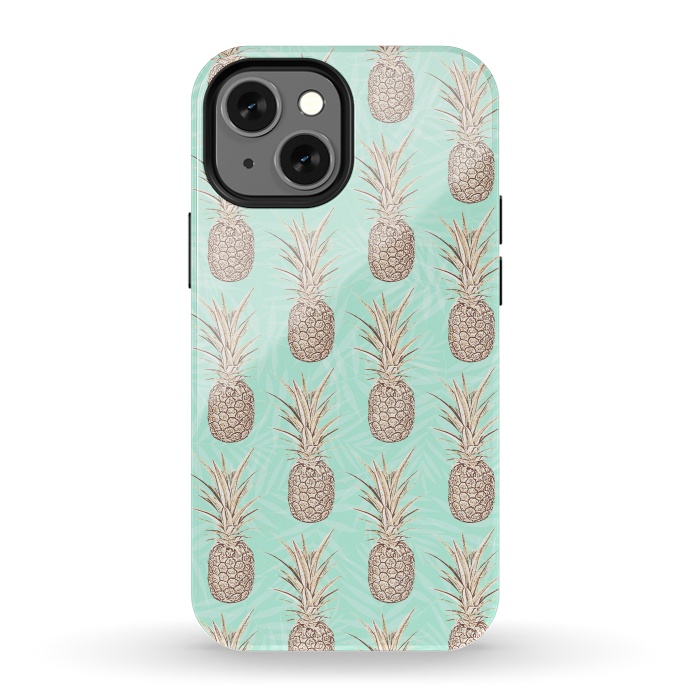 iPhone 13 mini StrongFit Golden and mint pineapples pattern by InovArts