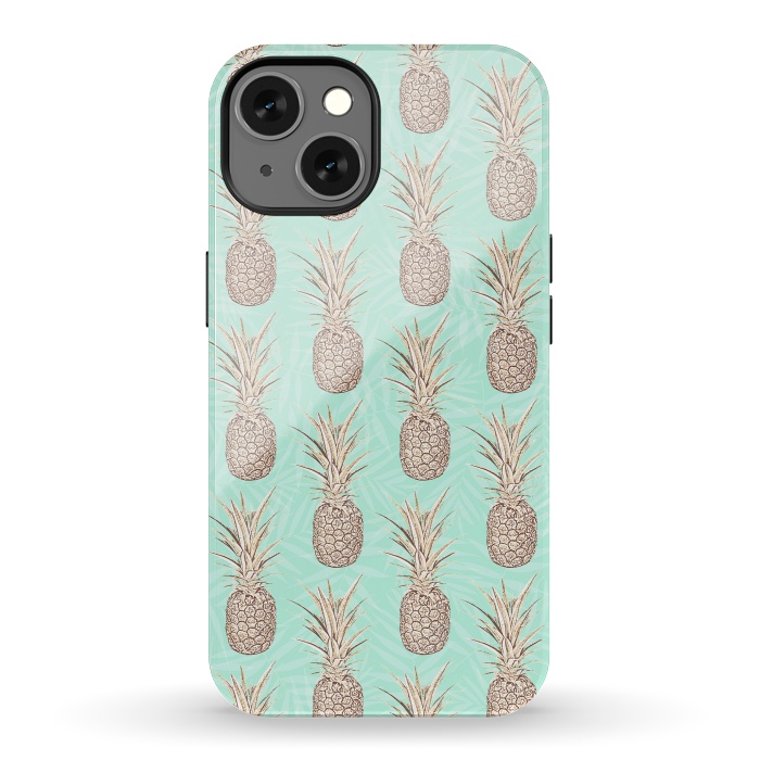 iPhone 13 StrongFit Golden and mint pineapples pattern by InovArts