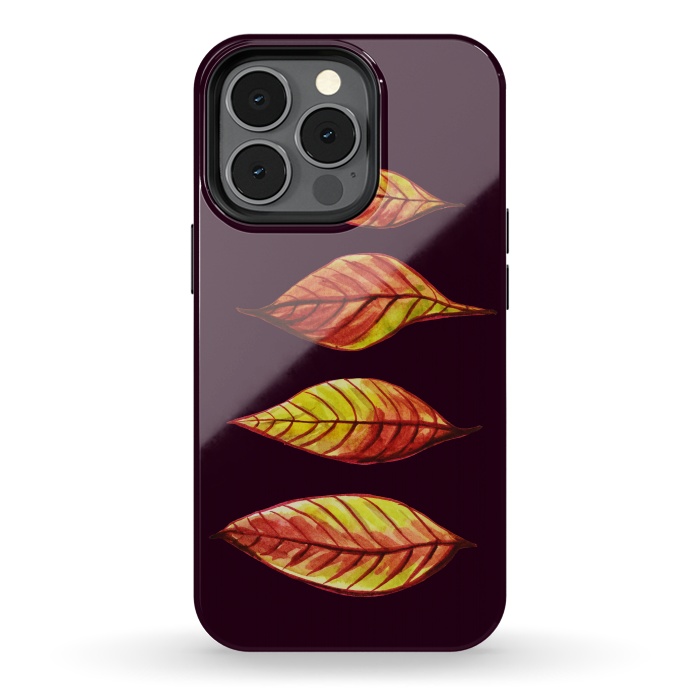 iPhone 13 pro StrongFit Four Red Yellow Ink Watercolor Painted Autumn Leaves by Boriana Giormova