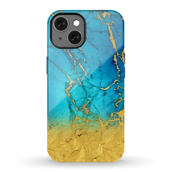 iPhone 13 StrongFit Sea Blue and Sun Gold Marble and Glitter by  Utart