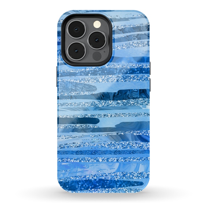 iPhone 13 pro StrongFit Blue And Aqua Glitter Stripes by Andrea Haase