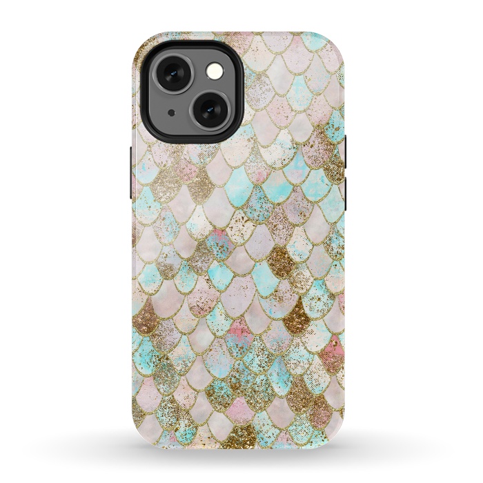 iPhone 13 mini StrongFit Watercolor Wonky Gold Glitter Pastel Summer Mermaid Scales  by  Utart