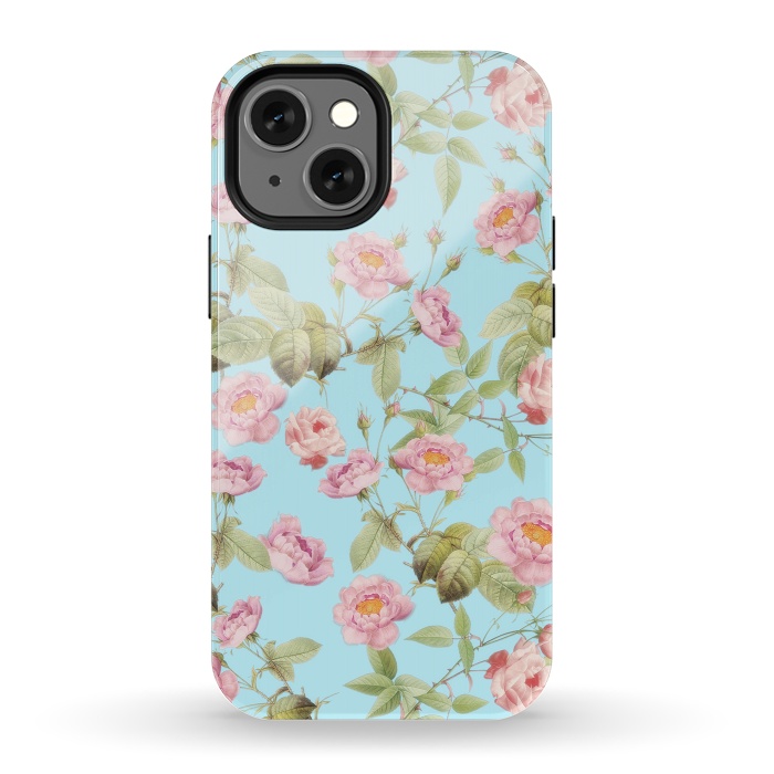 iPhone 13 mini StrongFit Pastel Teal and Pink Roses Pattern by  Utart