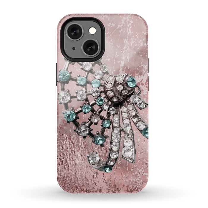 iPhone 13 mini StrongFit Rhinestone Embellishment Pink And Teal by Andrea Haase