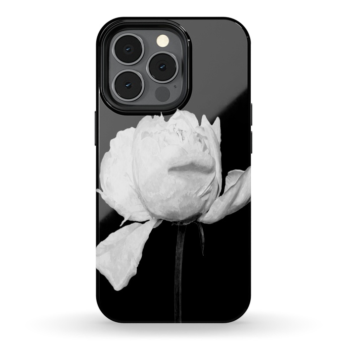 iPhone 13 pro StrongFit White Peony Black Background by Alemi