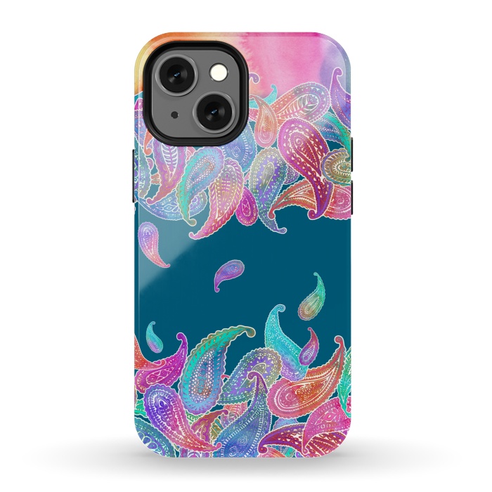 iPhone 13 mini StrongFit Rainbow Paisley Rain on Blue by Micklyn Le Feuvre