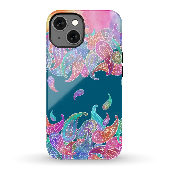 iPhone 13 StrongFit Rainbow Paisley Rain on Blue by Micklyn Le Feuvre