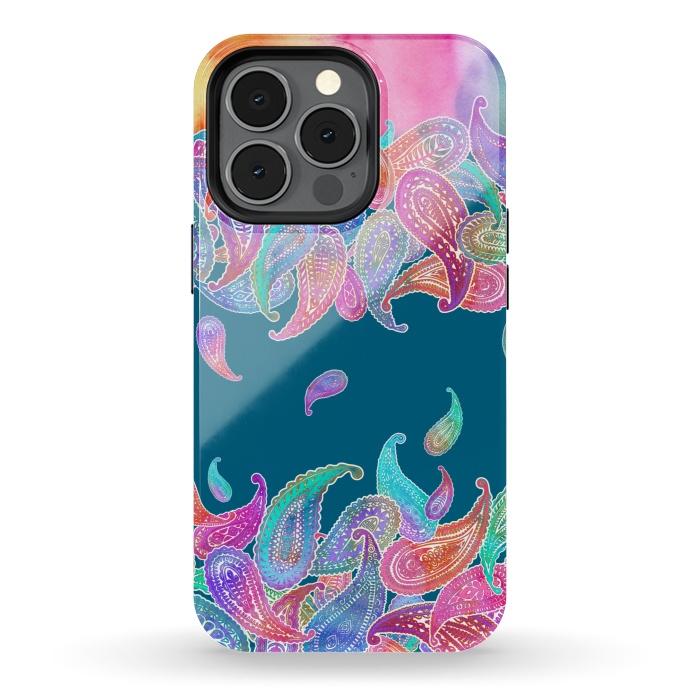 iPhone 13 pro StrongFit Rainbow Paisley Rain on Blue by Micklyn Le Feuvre