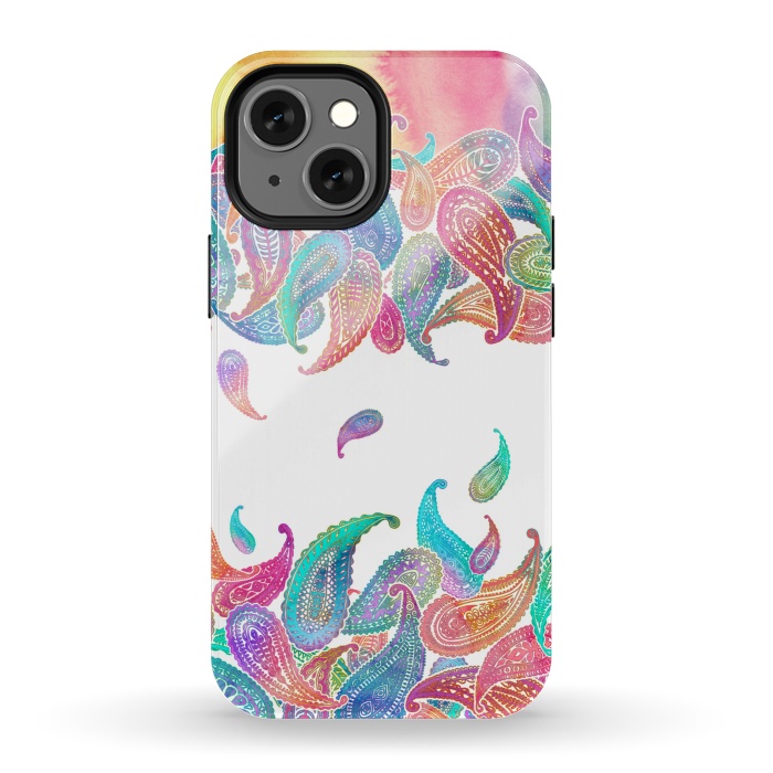 iPhone 13 mini StrongFit Rainbow Paisley Rain on White by Micklyn Le Feuvre