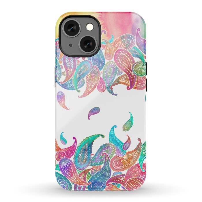iPhone 13 StrongFit Rainbow Paisley Rain on White by Micklyn Le Feuvre