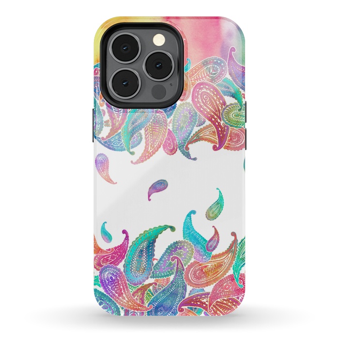 iPhone 13 pro StrongFit Rainbow Paisley Rain on White by Micklyn Le Feuvre