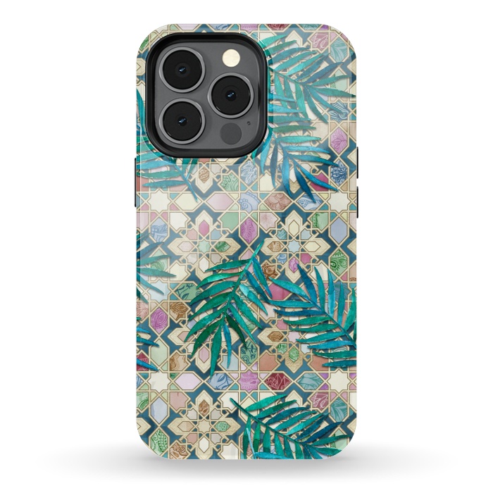 iPhone 13 pro StrongFit Muted Moroccan Mosaic Tiles with Palm Leaves by Micklyn Le Feuvre