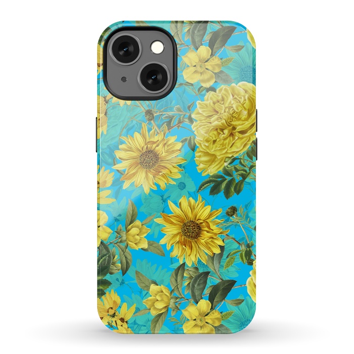 iPhone 13 StrongFit Sunflowers and Yellow Roses on Teal Pattern by  Utart